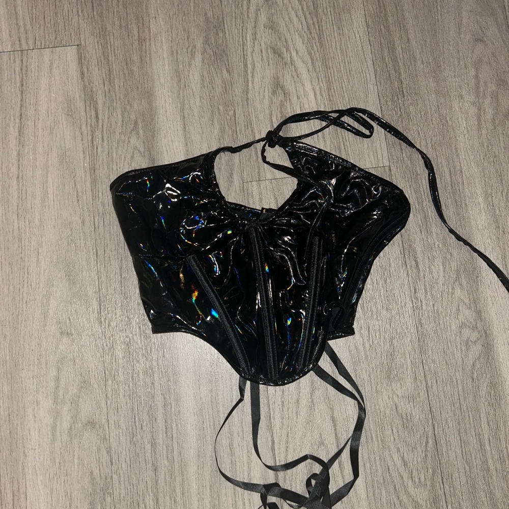 Glossy Black Corset Top with Straps